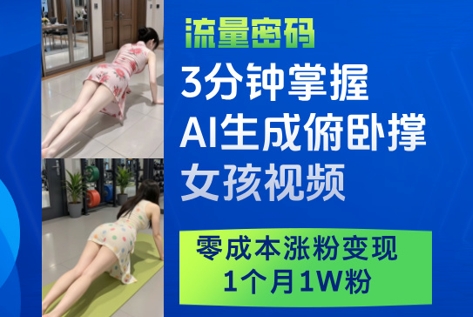 3分钟掌握AI生成俯卧撑女孩视频，零成本涨粉变现，1个月1W粉-生财社