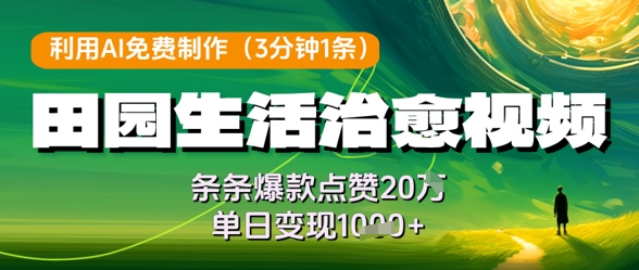 利用AI免费制作田园生活治愈视频，条条爆款点赞20W，单日变现几张-生财社