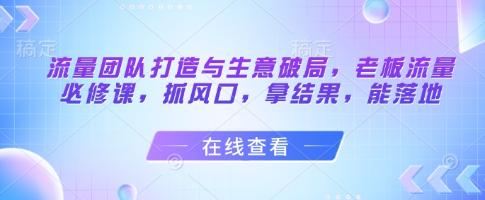 流量团队打造与生意破局，老板流量必修课，抓风口，拿结果，能落地-生财社