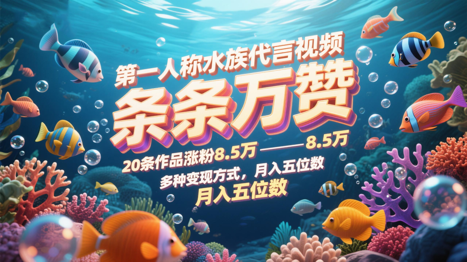第一人称水族代言视频，条条万赞，20条作品涨粉8.5万，多种变现方式月，入五位数-生财社