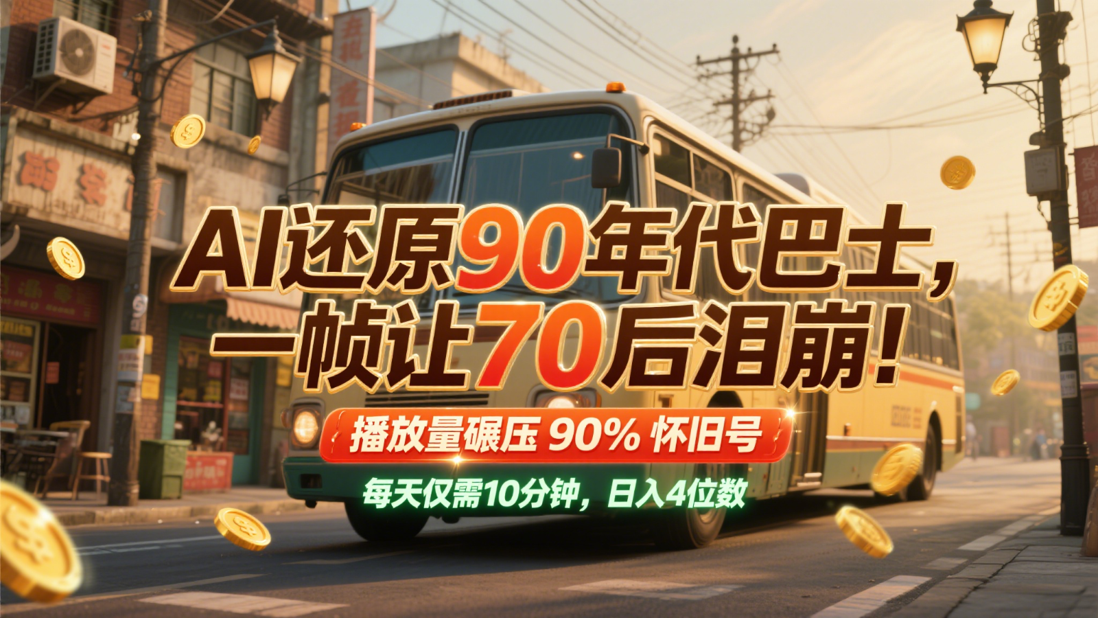 AI还原90年代巴士，一帧让70后泪崩！播放量碾压90%怀旧号，每天10分钟，日入4位数-生财社