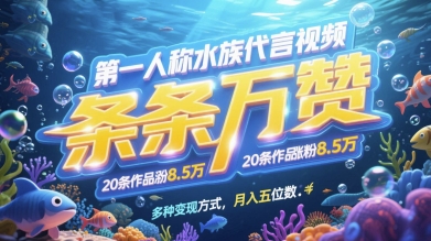 第一人称水族代言视频，条条万赞，20条作品涨粉7.8W，多种变现方式月入五位数-生财社