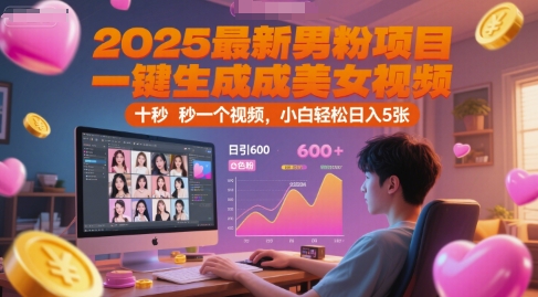2025最新男粉项目，一键生成美女视频，日引600+色粉 十秒一个视频，小白轻松日入5张【揭秘】-生财社