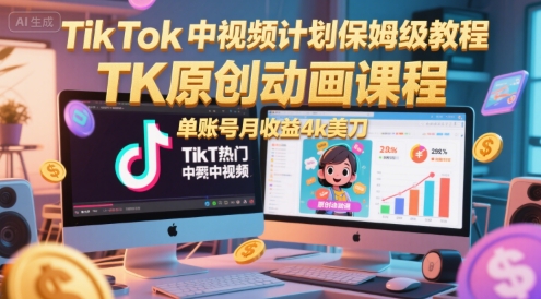 TikTok中视频计划保姆级教程，TK原创动画课程，单账号月收益4k美刀-生财社