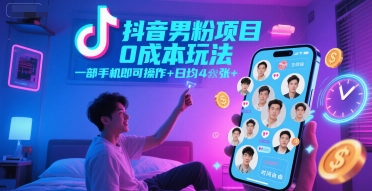 抖音男粉项目0成本玩法，一部手机即可操作，日均4张+，时间自由-生财社