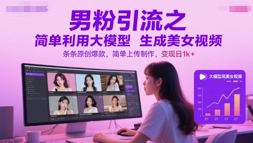 男粉引流之简单利用大模型生成美女视频，条条原创爆款，简单上传制作，变现日1k+-生财社