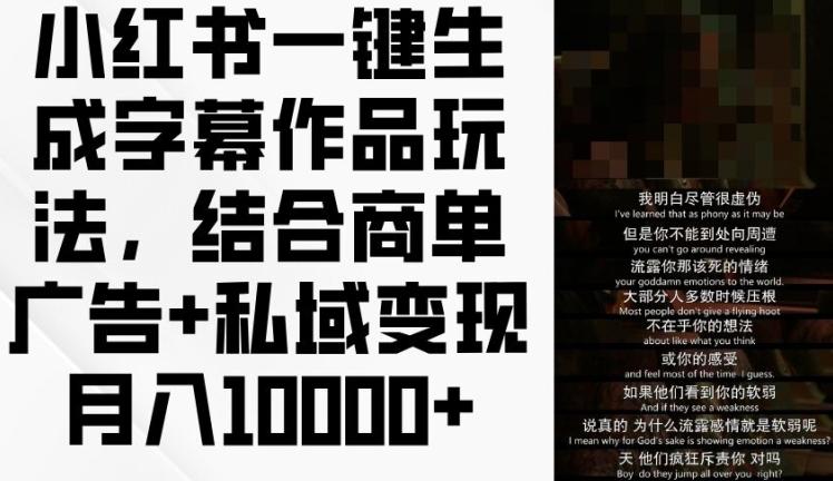小红书一键生成字幕作品玩法，结合商单广告+私域变现月入1w+【揭秘】-生财社